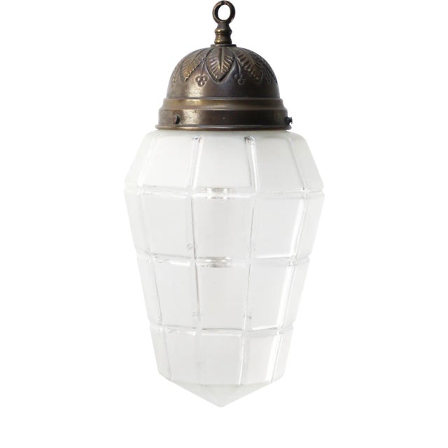 French Art Deco Brass Frosted Cut Glass Pendant Light, 1920s For Sale
