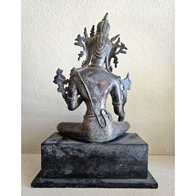 19th Century Nepalese Bronze Green Tara Seated Bodhisattva, 13.25” Pedestal Base For Sale - Image 10 of 12