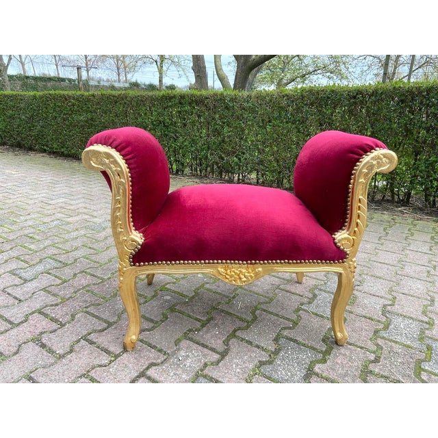 Wood 1970 French Artisan Louis XVI Red Velvet Beech Bench For Sale - Image 7 of 8