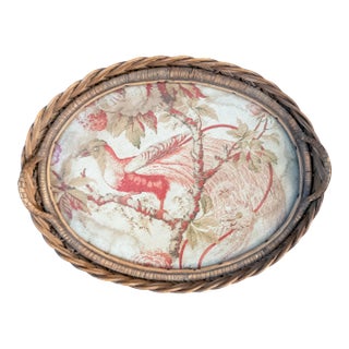 19th or 20th Century French Wicker Serving Tray With Tapestry Fragment of Bird For Sale