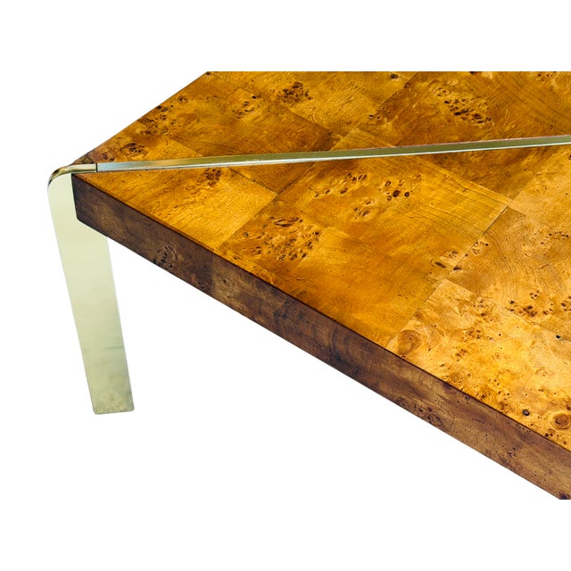 Vintage 1970s Burl Wood & Brass Coffee Table | Hollywood Regency Milo Baughman Style | Parquet Burl Cocktail Table For Sale - Image 11 of 16