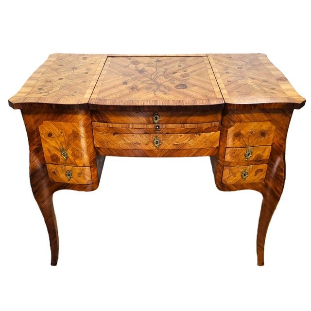Antique French 19th C Louis XV Inlaid Tulipwood Poudre Vanity Lady Writing Desk For Sale - Image 4 of 18