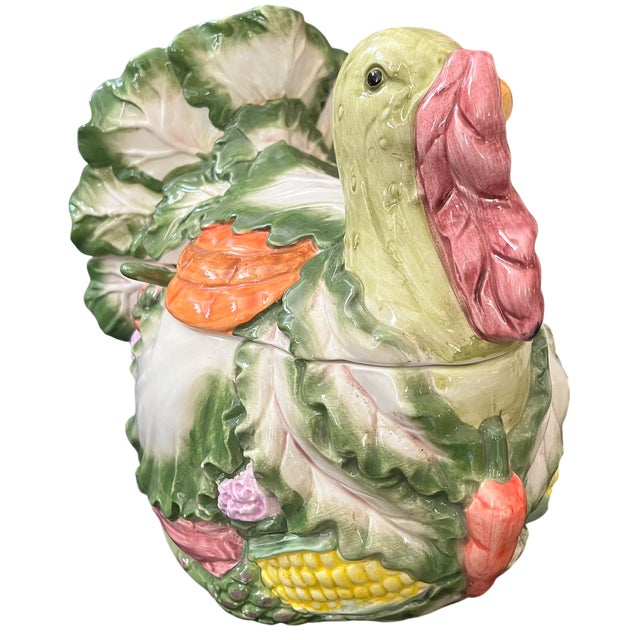 American Vintage Majolica Turkey & Vegetable Tureen With Ladle – Cabbage Ware, Carrot & Corn Motif For Sale - Image 3 of 7
