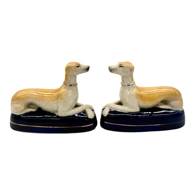 Mid-Century Staffordshire Style Whippet or Greyhound Ceramic Figurines or Bookends, a Pair For Sale