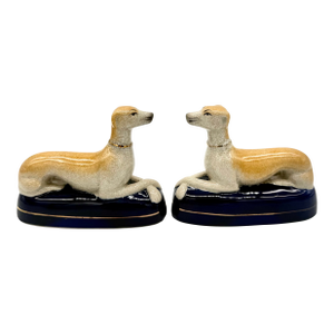 Mid-Century Staffordshire Style Whippet or Greyhound Ceramic Figurines or Bookends, a Pair