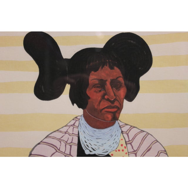 Bold and colorful portrait by renowned artist T.C. Cannon of a Native American woman in a stripped shawl titled "Hopi...
