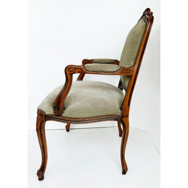 Brass Late 20th Century Italian Chateau d'Ax Carved Armchairs in Suede With Brass NailHeads, Pair For Sale - Image 8 of 16