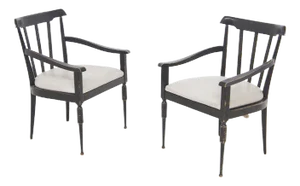 Set of Italian Armchairs in Black Wood and White Leather