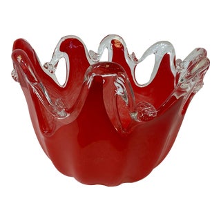 Vintage Italian Murano Hand Blown Glass Wave Rim Cut to Clear Bowl For Sale