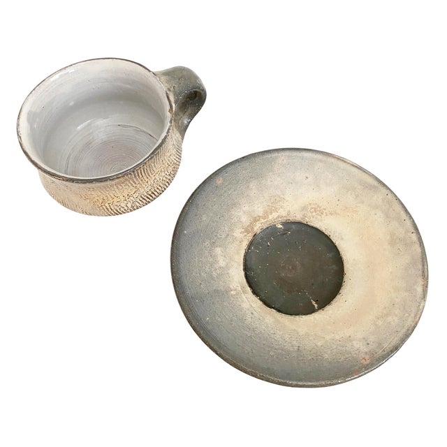 1980s Handmade Ceramic Coffee Cup and Saucer Set, Wabi Sabi Studio Pottery Mug, Earthy For Sale In New York - Image 6 of 7