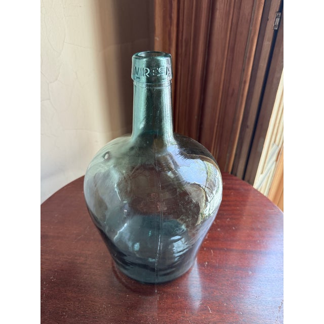 Mid 20th Century Mid 20th Century Spanish Viresa Green Glass Demijohn Bottle Olive Oil/Wine Vessel For Sale - Image 5 of 10