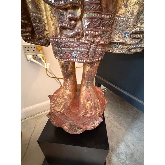 Antique Carved Wood Bejeweled Burmese Mandalay Standing Buddha Sculpture For Sale In Miami - Image 6 of 11