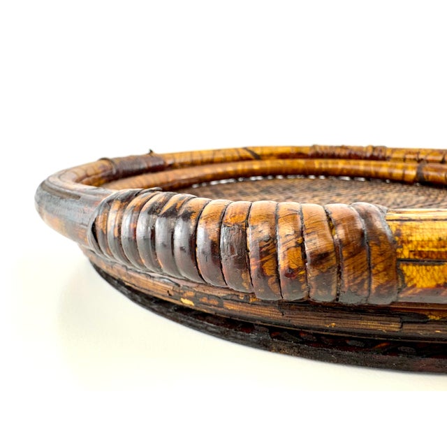 Vintage Tortoiseshell Rattan & Wrought Iron Round Tray Stand For Sale - Image 4 of 12