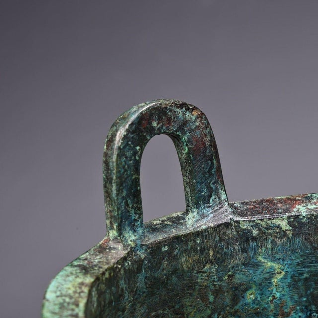 Vintage Chinese Archaic Bronze Tripod Ding, Carved Inscriptions & Taotie Mask Relief, Chinoiserie Ritual Vessel For Sale - Image 9 of 10