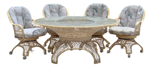 Vintage Russell Woodard Spun Fiberglass 5-Piece Dining Set – Oval Turquoise-Tinted Glass Top Table & 4 Swivel Chairs | Mid-Century Modern