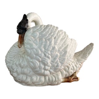 1970s Impressive Handpainted Ceramic Swan Planter Cachepot For Sale