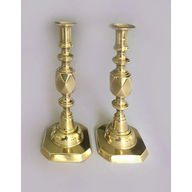 Late 19th Century English Antique King of Diamonds Brass Candlesticks, a Pair For Sale - Image 4 of 8
