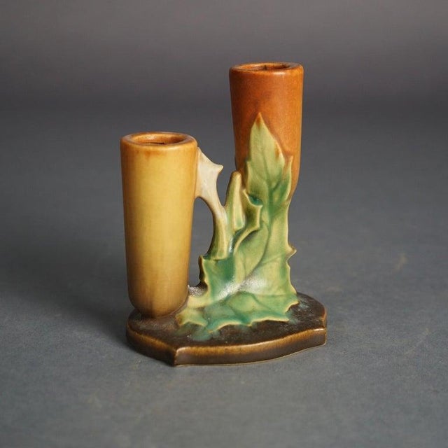 Roseville Art Pottery Brown Double Bud Vase with Thornapple Pattern C1937 Measures - 5.5" x 4" x 3.25"