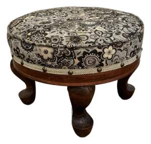 Mid 20th Century Queen Anne Footstool With Mahogany Turned Legs and Floral Upholstery