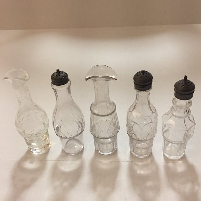 Antique Metal and Glass Cruet Salt Pepper Oil Vinegar Pieces and Holder