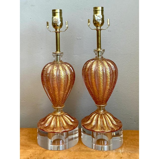 Vintage Murano Glass Lamps With Lucite Bases - Pair For Sale - Image 11 of 12