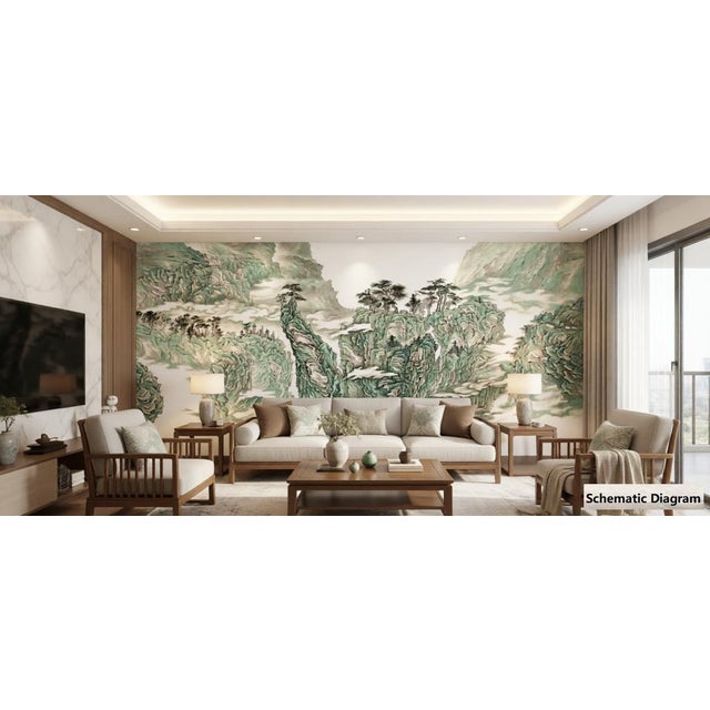 36" * H100"/Panel* 5ps, Chinese Traditional Green Landscape Gongbi Painting Wallpaper, 5 Panels For Sale - Image 4 of 8