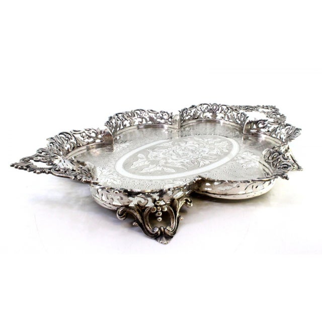 Silver Plated Salver with Guilloche-Style Cut-Out Grid For Sale - Image 4 of 9