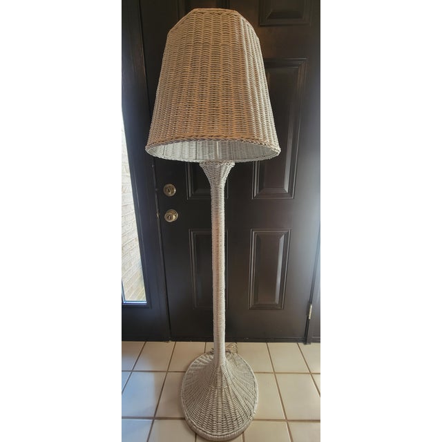 1970that's boho chic white wicker floor lamp. This vintage white wicker lamp features a hand-woven design that perfectly...