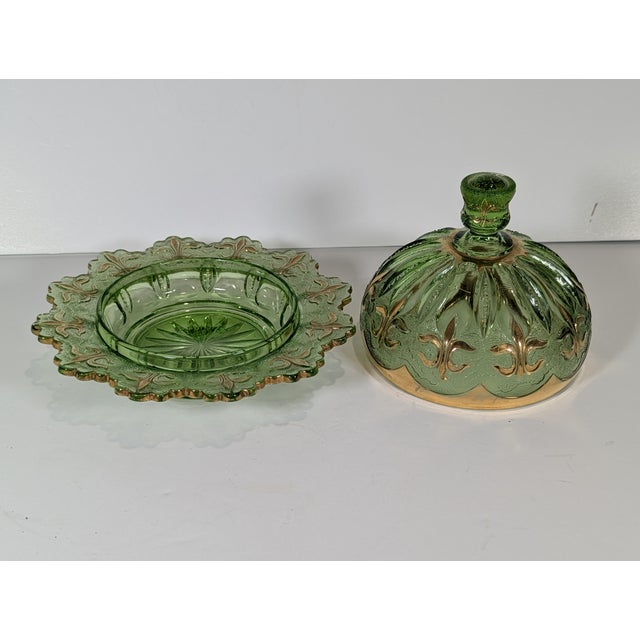Rare, Eapg Antique Jefferson Glass Green Glass Covered Butter Dish, Iris With Meander Pattern, 1903 For Sale In Nashville - Image 6 of 12