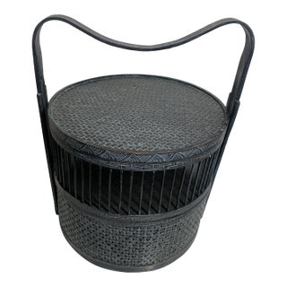 Antique Chinese Wedding Basket, Bamboo & Lacquer, Sculptural Swing Handle For Sale