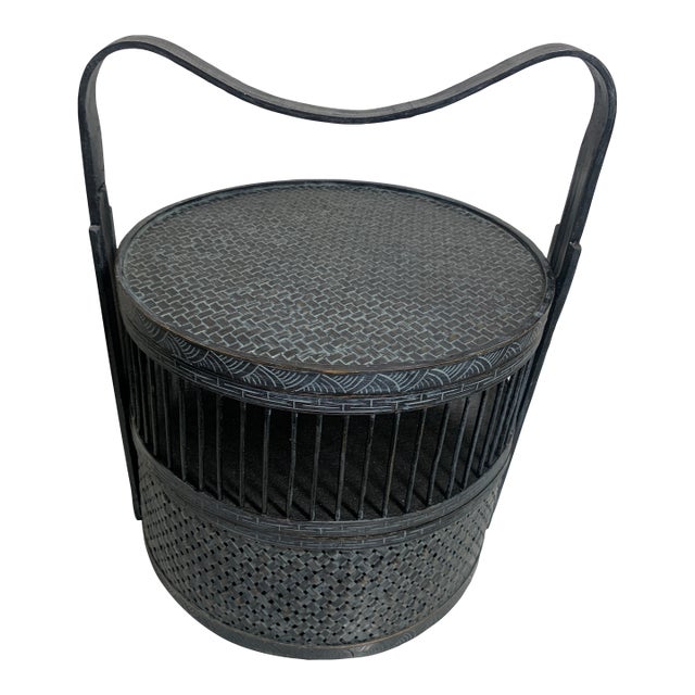 Antique Chinese Wedding Basket, Bamboo & Lacquer, Sculptural Swing Handle For Sale
