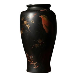 Vintage Chinoiserie Black Porcelain Baluster Vase With Gilt Leaves and Songbird For Sale