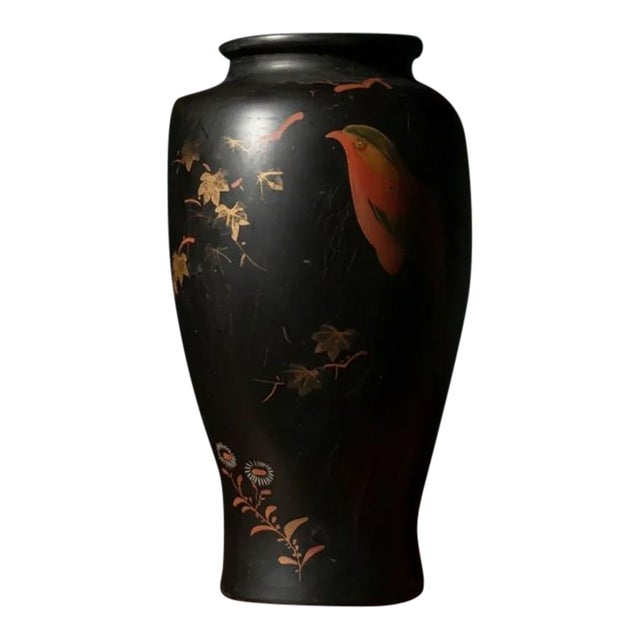Vintage Chinoiserie Black Porcelain Baluster Vase With Gilt Leaves and Songbird For Sale