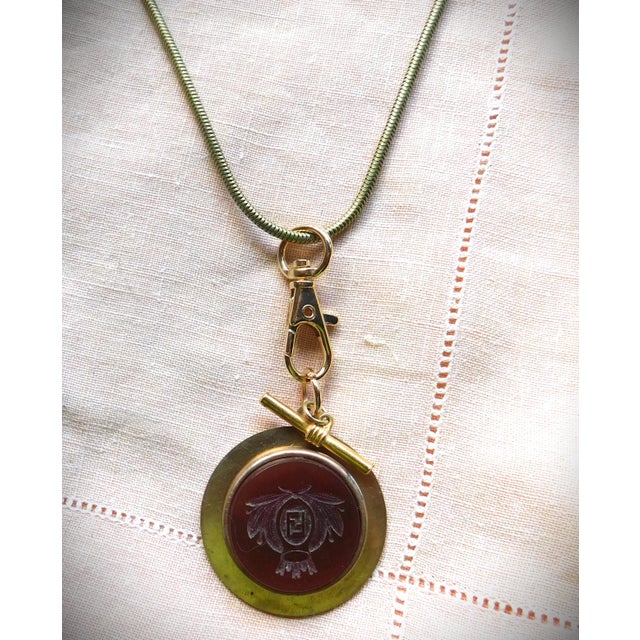 1980s Antique Carved Carnelian Gold Round Pendant Necklace, Initial "F", Snake Chain, Toggle For Sale - Image 5 of 12