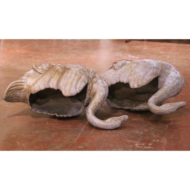 Pair of Mid-Century French Cast Metal Swan Garden Planters With Patina and Gilt For Sale - Image 9 of 10