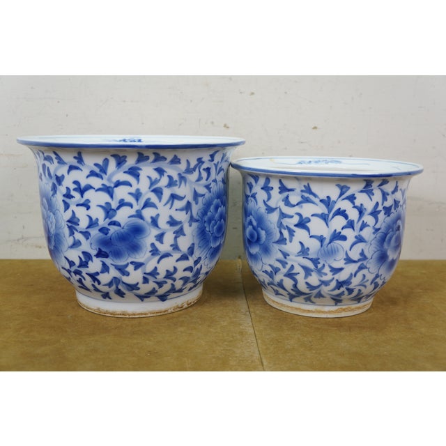 Early 20th Century 2 Chinese Chinoiserie Blue & White Lotus Flower Planters Cachepots Jardinières For Sale - Image 10 of 16