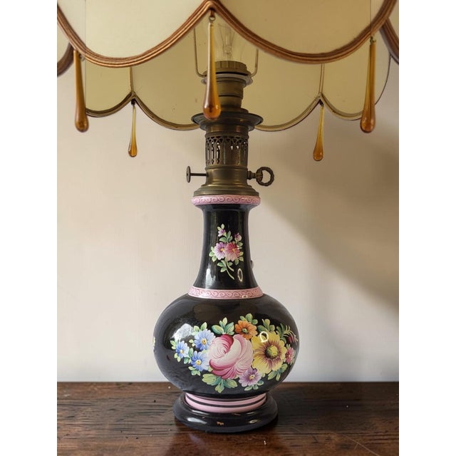 Large Clamecy earthenware lamp signed Roger Colas, 1950s-60s. The lampshade is made of synthetic fabric in the shape of a...