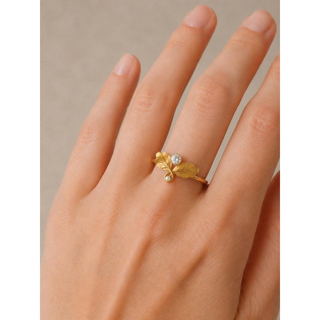 Art Nouveau–Inspired Moissanite and Pearl Botanical Ring in 14k Gold, Size 7.5 For Sale - Image 10 of 10