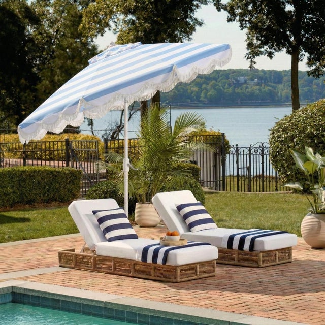 Elevate your outdoor experience with the Lucerna 9 ft crank umbrella in baby blue stripe with a white pole. This versatile...