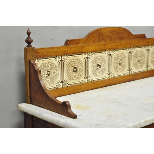 Antique Victorian Walnut Marble Top Washstand Good Luck Swastika Tile Backsplash For Sale - Image 14 of 18