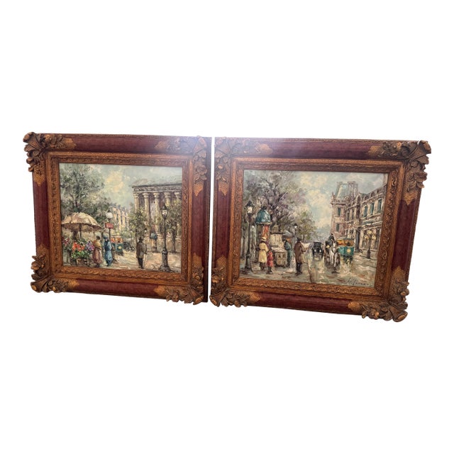 Mid 20th Century Pair of Ornately Framed M. Torrens Parisian Street Scene Oil Paintings For Sale