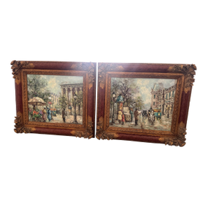 Mid 20th Century Pair of Ornately Framed M. Torrens Parisian Street Scene Oil Paintings