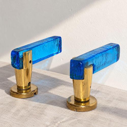 Late 20th Century Italian Blue Murano Glass and Brass Door Handles, 1970s, Set of 6 For Sale - Image 5 of 9