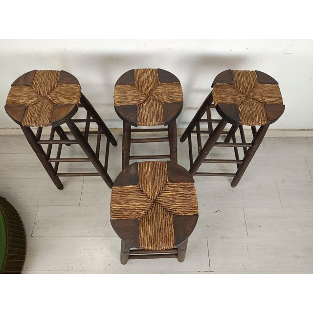 1950s Brutalist Stools in Wood and Straw, 1950s, Set of 4 For Sale - Image 5 of 15