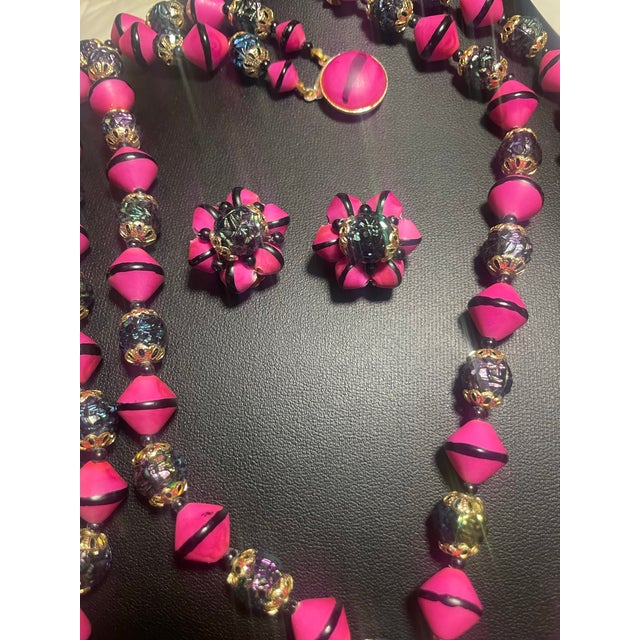 MCM Jewelry Hot Pink Lava Bead Necklace and Earrings Demi-Parure For Sale In South Bend - Image 6 of 7