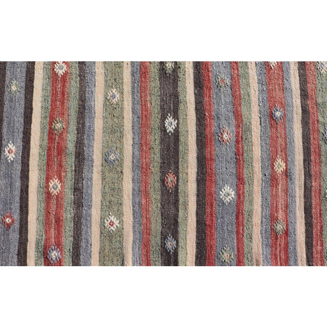 Turkish Vintage Kilim Striped Runner With Tribal Motifs in Copper and Greens For Sale In Atlanta - Image 6 of 11
