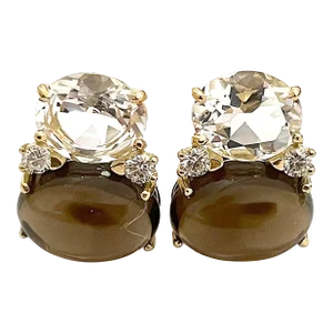 Christina Addison Large 18kt Yellow Gold Gum Drop™ Earrings With Faceted Rock Crystal, Cabochon Smoky Topaz, and Diamonds