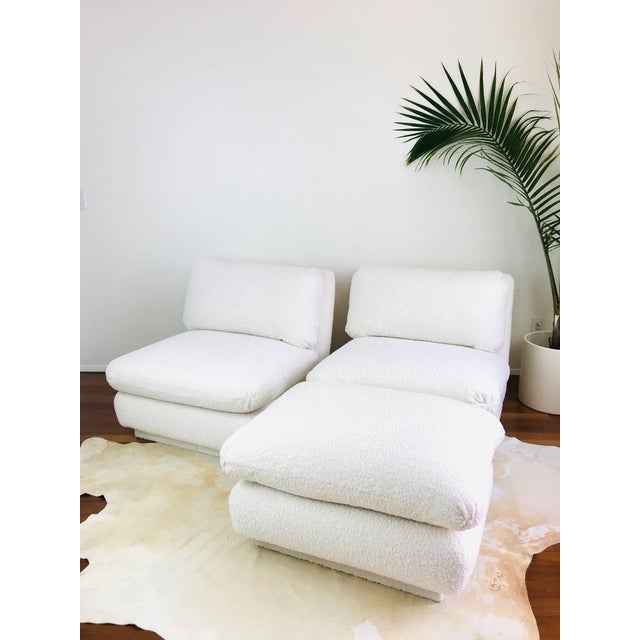 Vintage 1970s Pair of Modern Slipper Chairs & Ottoman in White Faux Shearling / Boucle Upholstery by Marge Carson For Sale In Palm Springs - Image 6 of 11