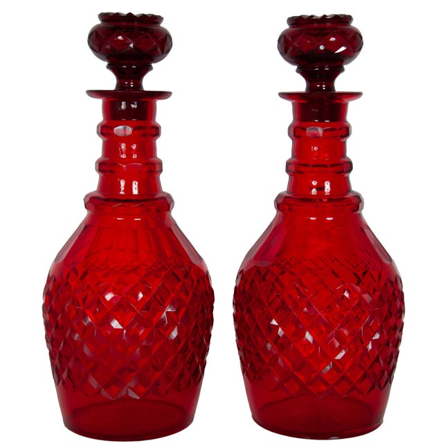 1880 Antique Austrian Bohemian Red Cut Glass Wine Liquor Decanters & Stoppers- Set of 2 For Sale - Image 4 of 12