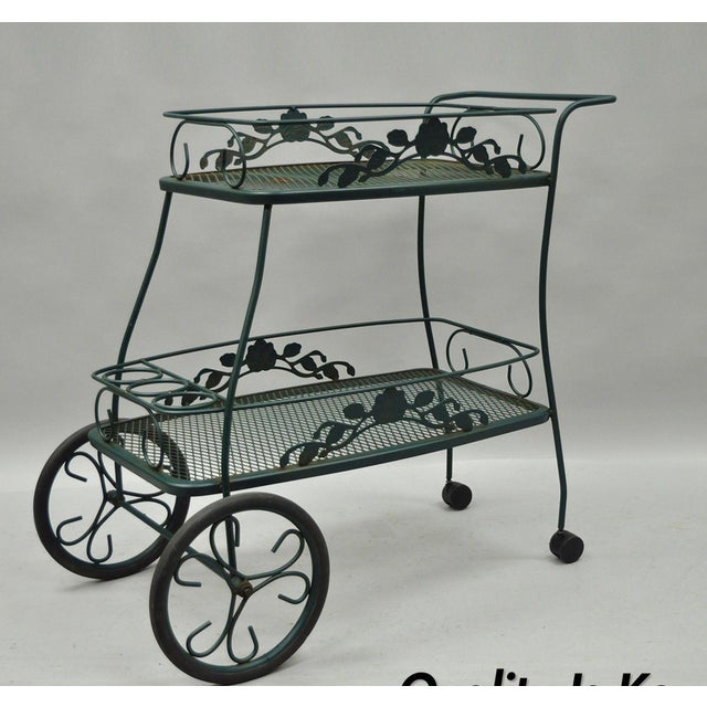 Meadowcraft Dogwood Green Wrought Iron Tea Cart Rolling Bar Server